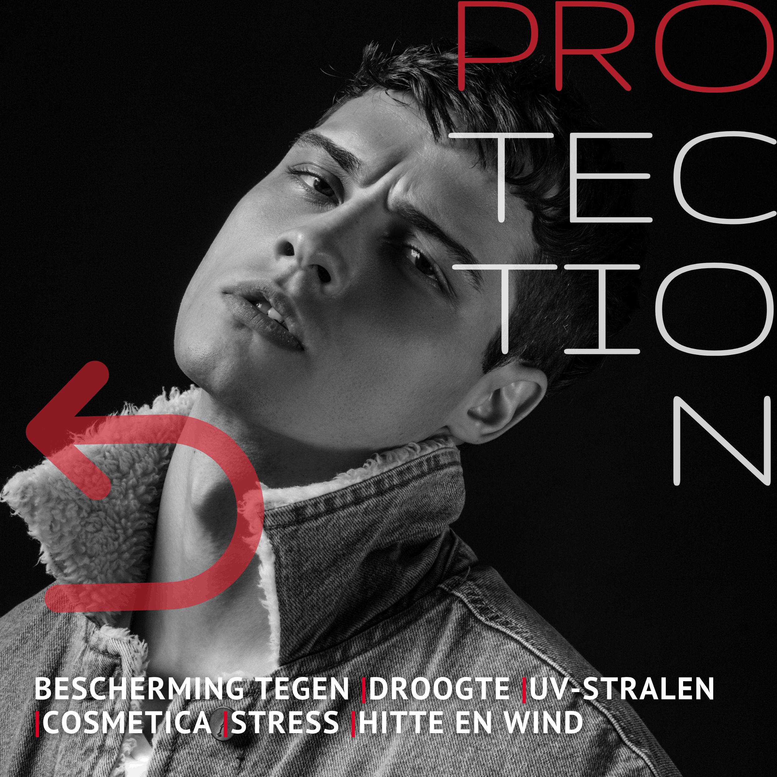 Man op zwarte achtergrond. Tekst: Bescherming tegen droogte, UV-stralen, cosmetica, stress, hitte en wind.