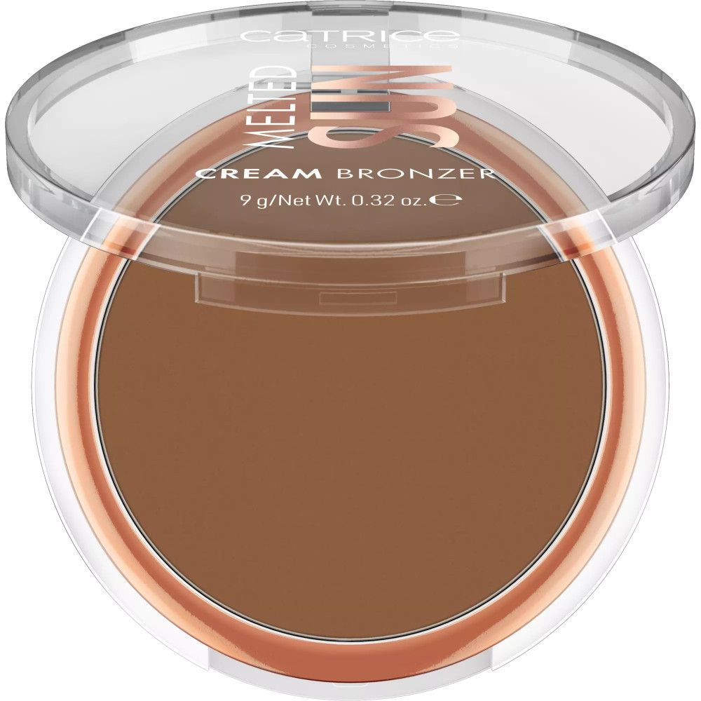 Boîtier transparent ouvert avec bronzer crème brun. Inscription : MELTED SUN, CREAM BRONZER, CATRICE COSMETICS.