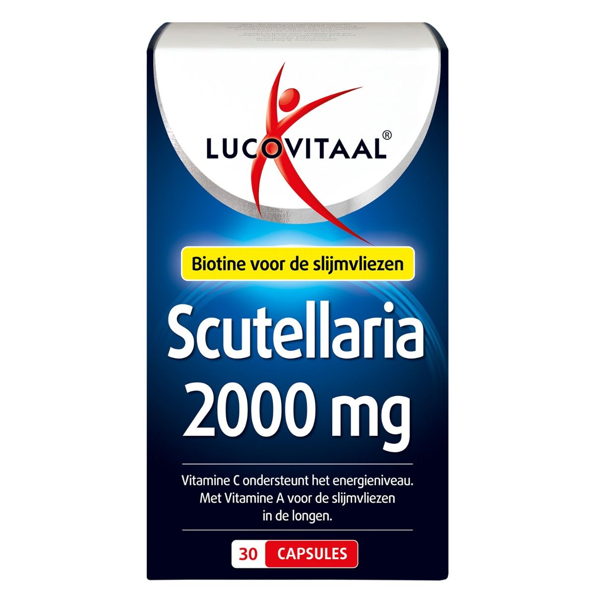 Verpakking 'Lucovitaal Scutellaria 2000 mg'. Blauw-witte doos met productinformatie en logo.