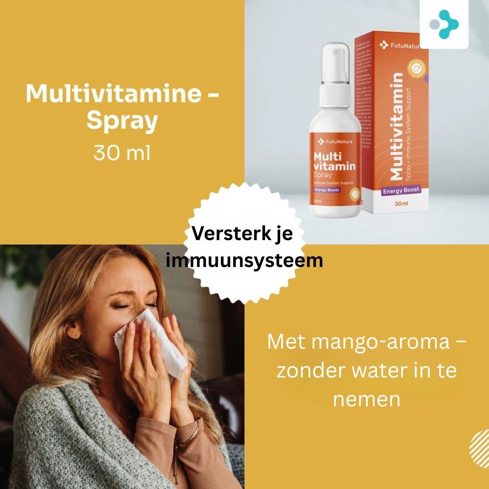 Vrouw met zakdoek. Verpakking en fles FutuNatura Multivitamine Spray. Tekst: Versterkt het immuunsysteem. Mangosmaak.
