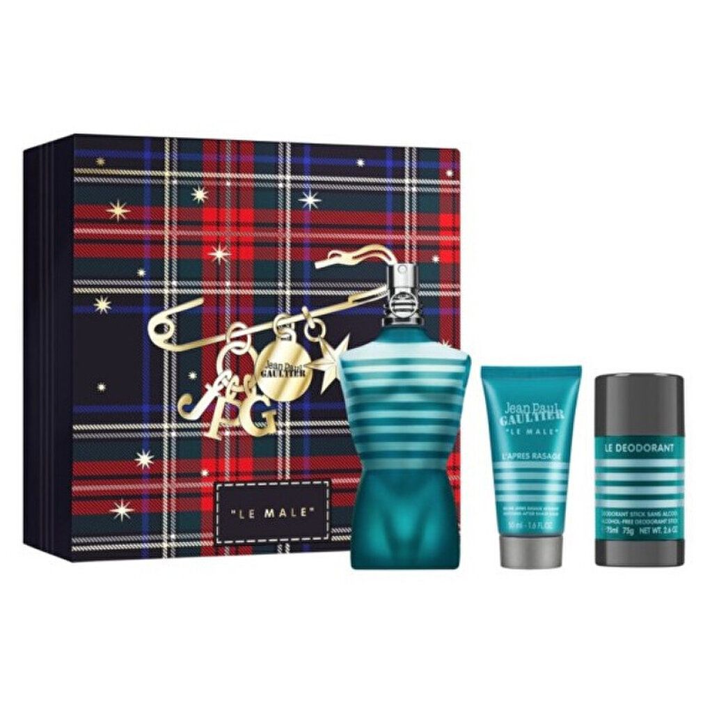 Coffret cadeau avec flacon, déodorant et après-rasage. Flacon en forme de torse, rayé bleu. Emballage à motif tartan.