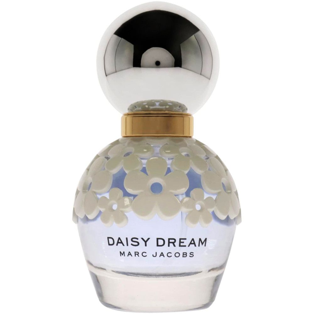 Flacon de parfum avec bouchon argenté et design floral. Nom du produit et logo sur le flacon. Flacon en verre.