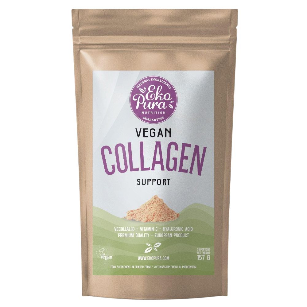 Zak met opschrift Vegan Collagen Support. Hoopje poeder. Logo en tekst. Gewicht: 157 g.