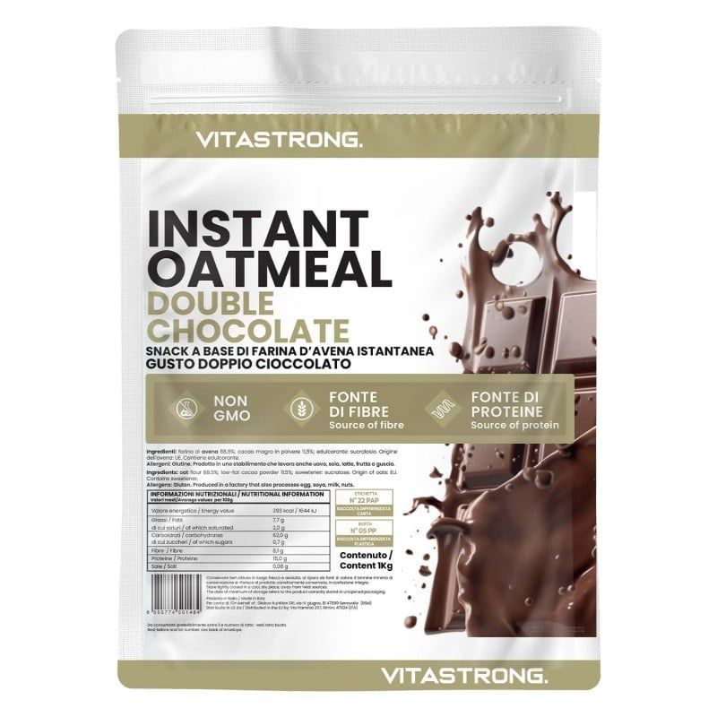 Vitastrong Instant Oatmeal - Double Choco. Zakje met productinformatie en chocolade-illustratie.
