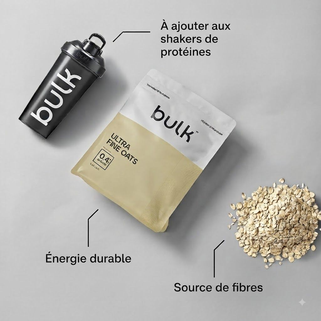 Shaker noir et sachet "ULTRA FINE OATS" de Bulk. Flocons d'avoine à côté.