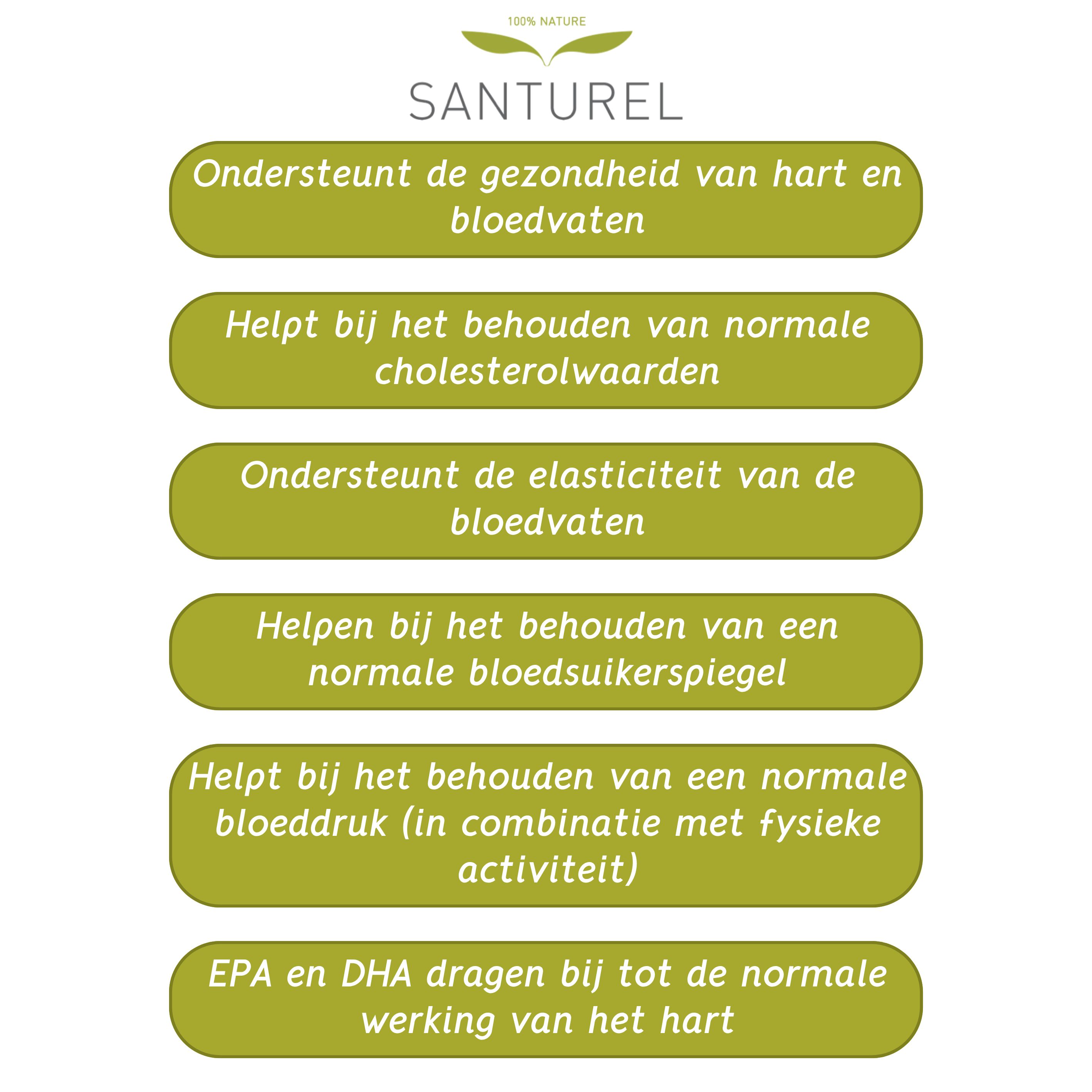 Tekstbord met groene velden. Ondersteunt hartgezondheid, cholesterol, bloedsuiker, elasticiteit, bloeddruk.