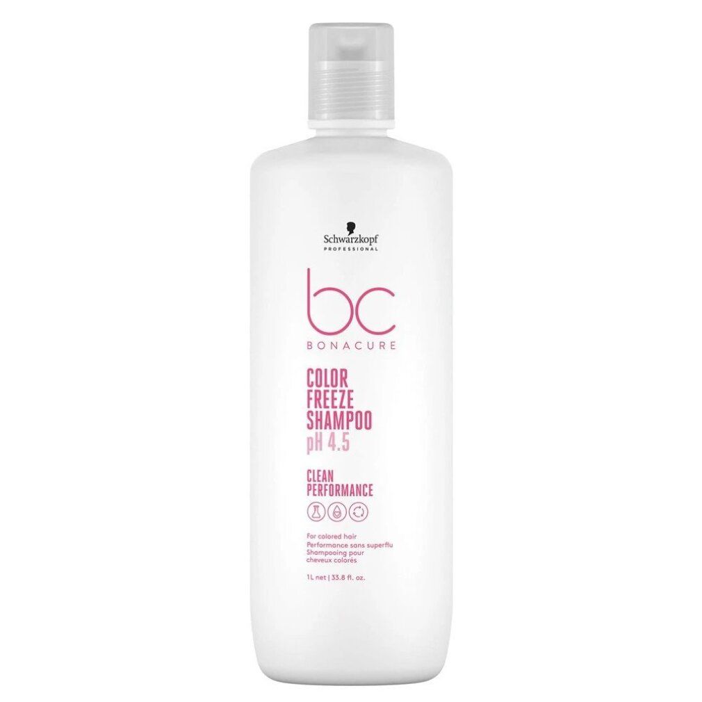 Flacon blanc avec étiquette rose. Inscription: BC Bonacure Color Freeze Shampoo pH 4.5. 1L.