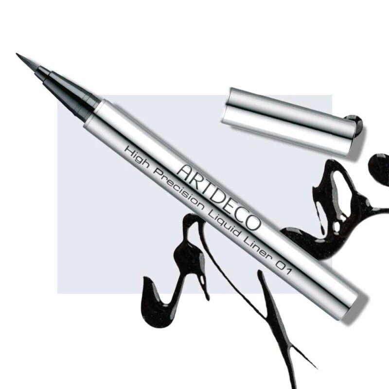 ARTDECO High Precision Liquid Liner 01 dans un boîtier argenté avec capuchon et liquide noir.