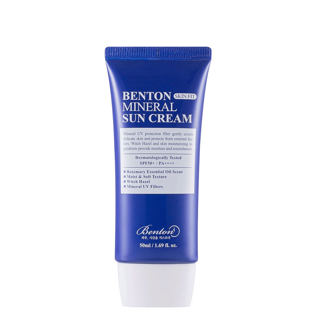 Benton Mineral Sun Cream tube met SPF50+ PA++++. Bevat minerale UV-filters en toverhazelaar.