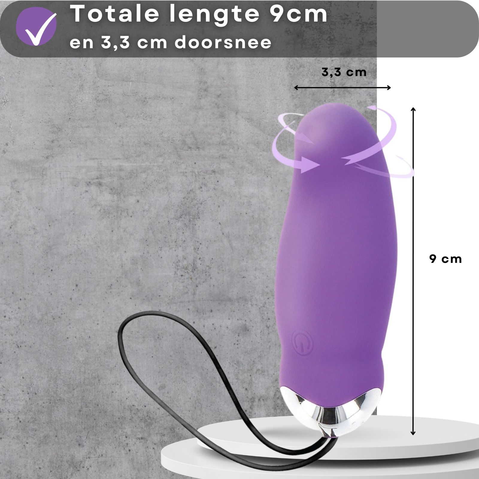 Paars vibratie-ei. Gemaakt van siliconen en ABS. 9 cm lang, 3,3 cm diameter. Oplaadbaar via USB.