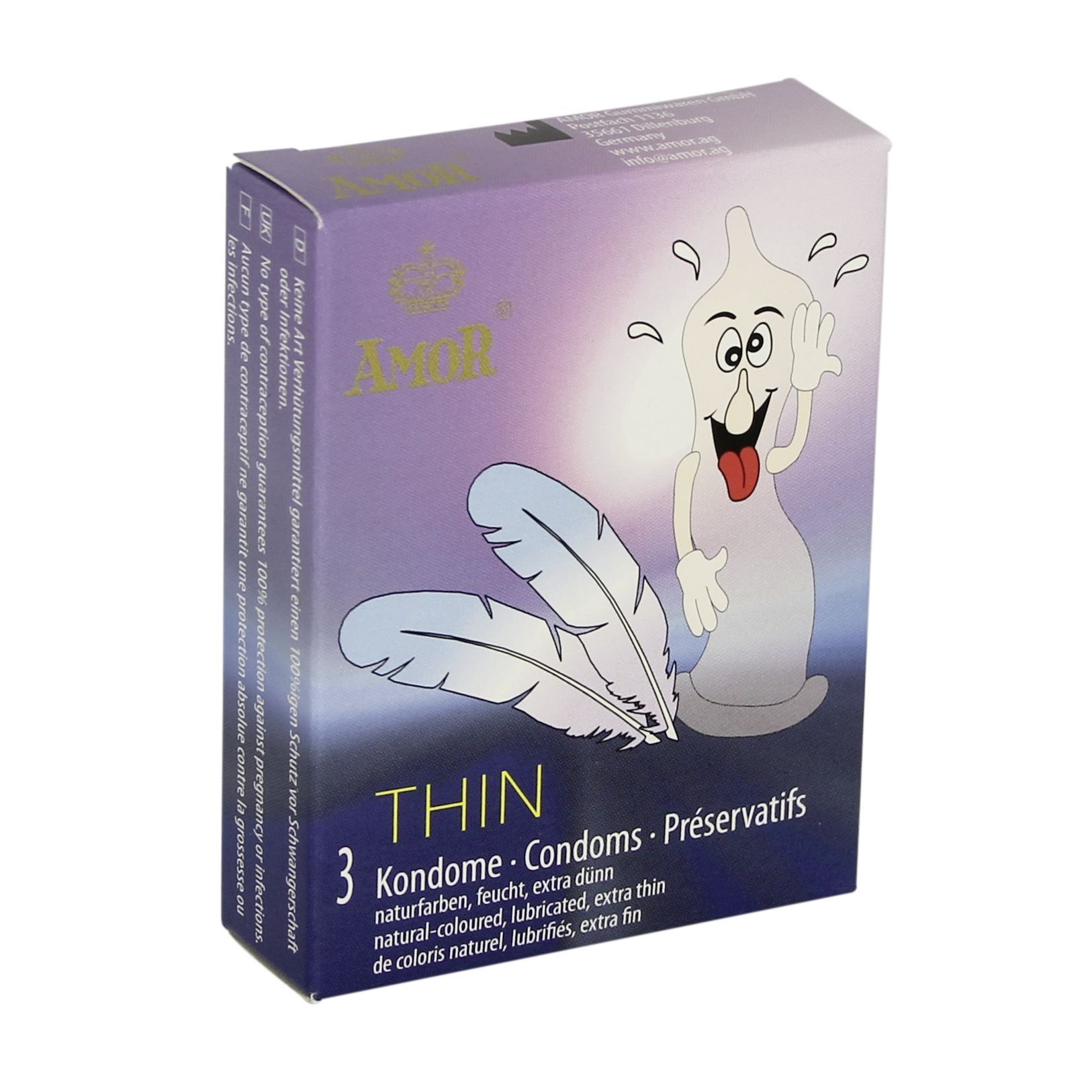 Doosje Amor Thin condooms. 3 stuks. Illustratie: veer en cartoon condoom. Tekst: natural-coloured, lubricated, extra thin.