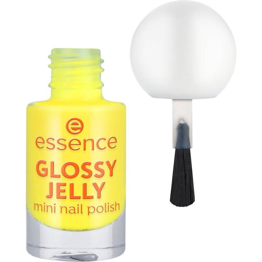 Gele nagellakfles met borstel en witte dop. Opschrift: Essence, GLOSSY JELLY, mini nail polish.