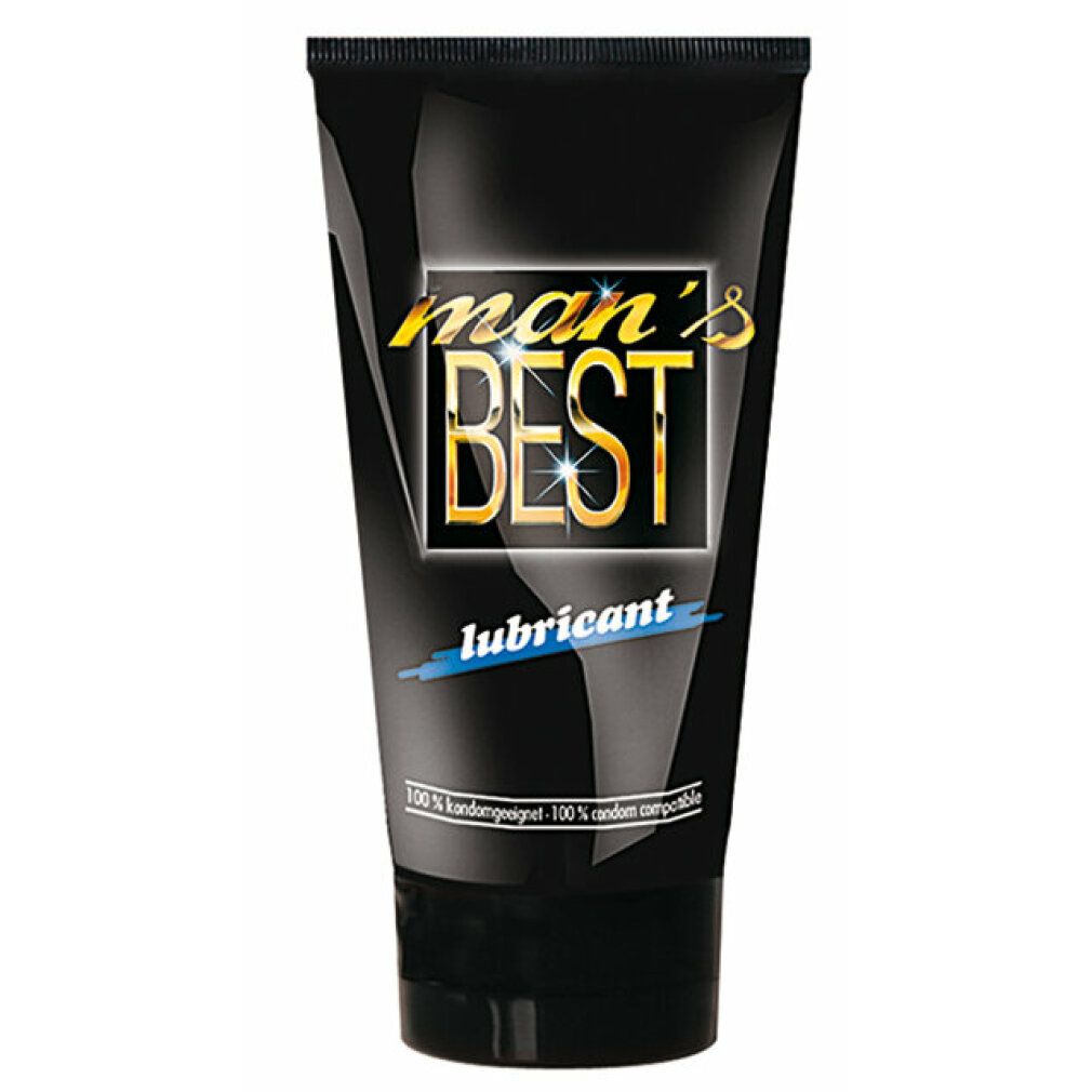 Tube noire avec logo doré "man's BEST" et texte bleu "lubricant". Texte: 100% compatible avec les préservatifs.