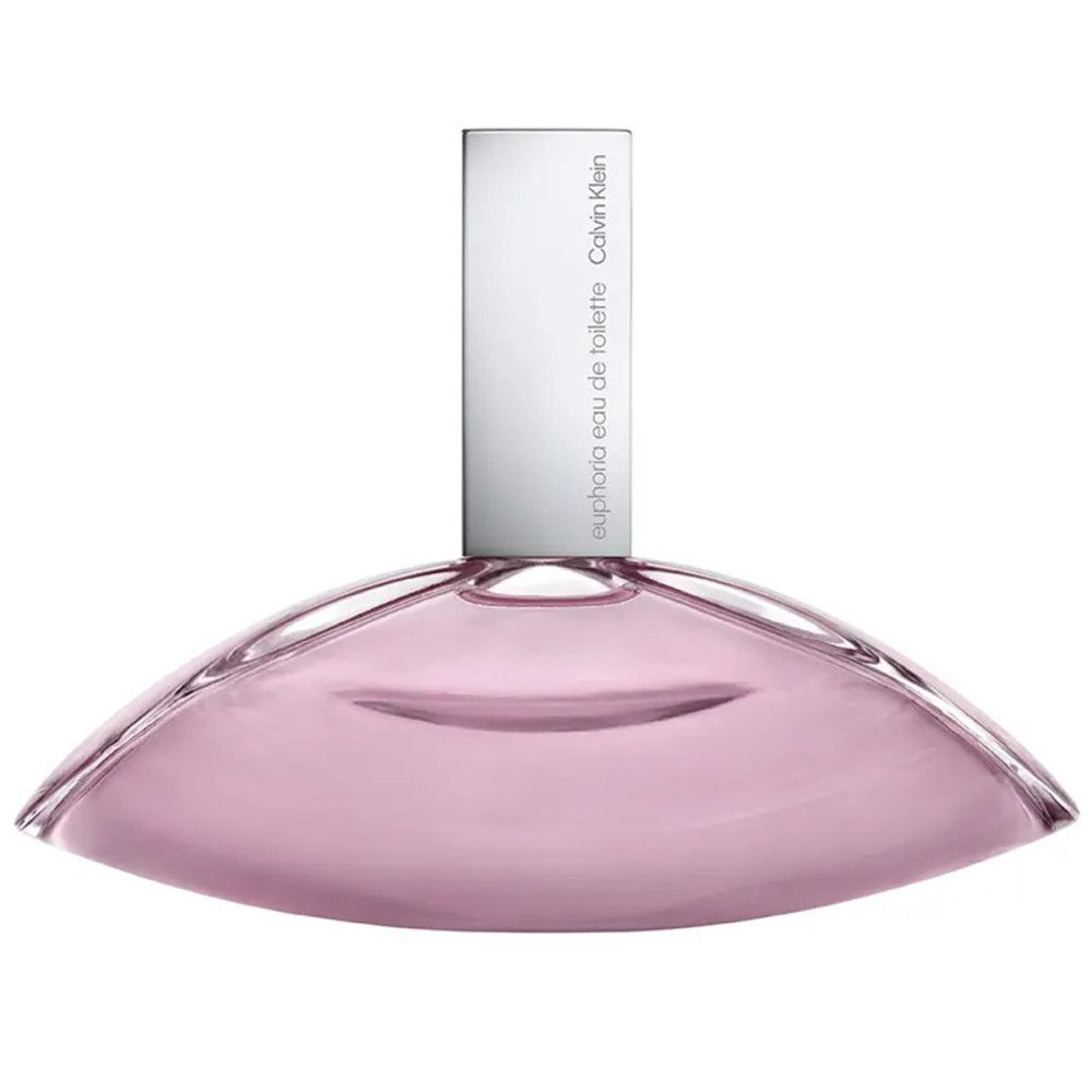 Roze fles met zilveren dop. Opschrift: "euphoria eau de toilette" en "Calvin Klein". Fles in druppelvorm.