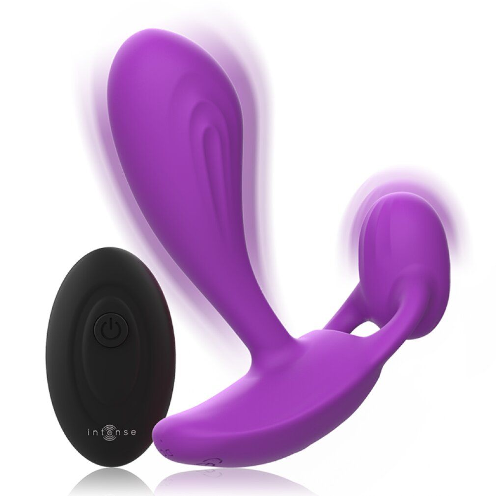 Vibrateur violet avec télécommande. Le vibrateur a une forme incurvée avec deux pointes. La télécommande est noire et ovale.