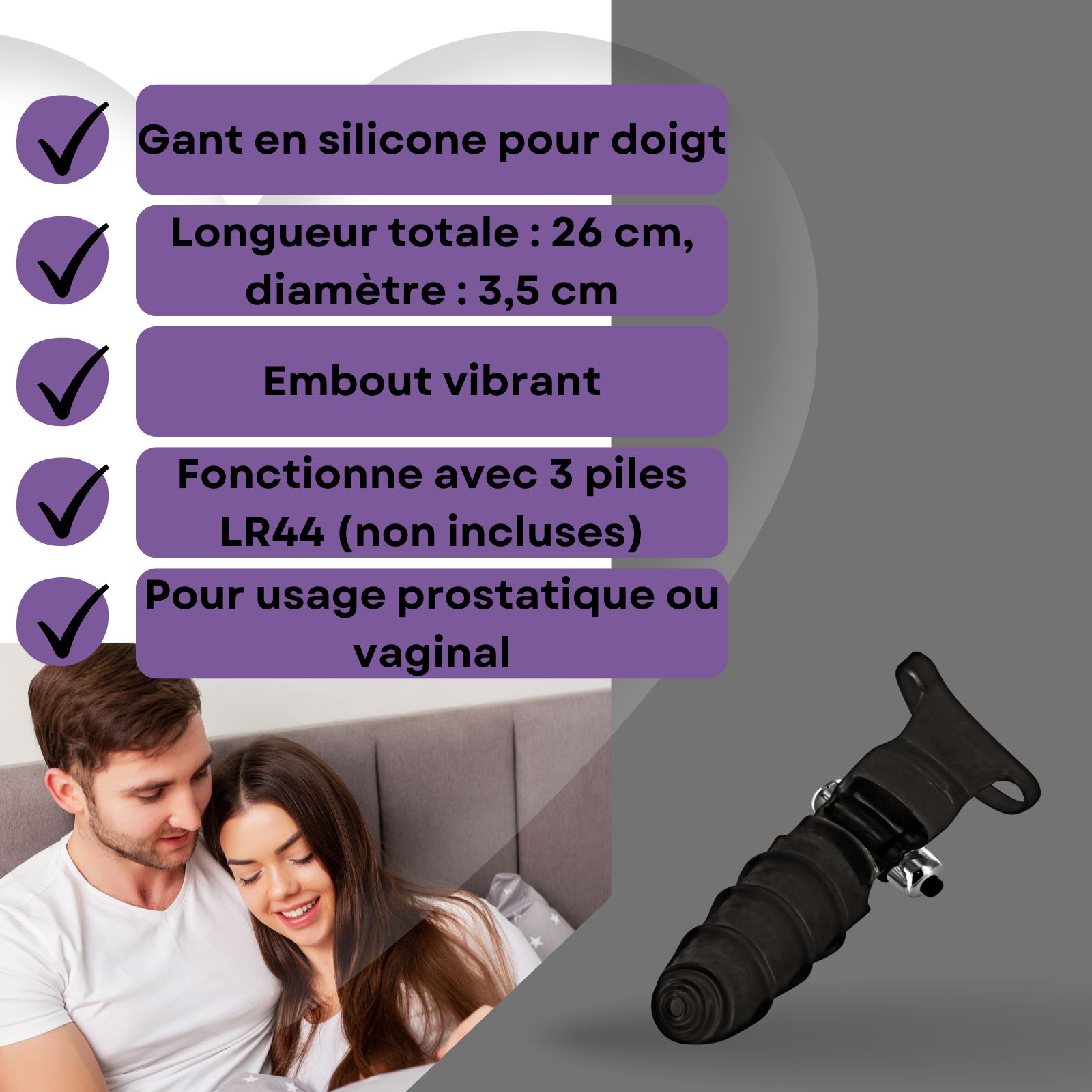 Image produit avec texte: Gant en silicone pour doigt, 26cm, diamètre 3,5cm, embout vibrant.