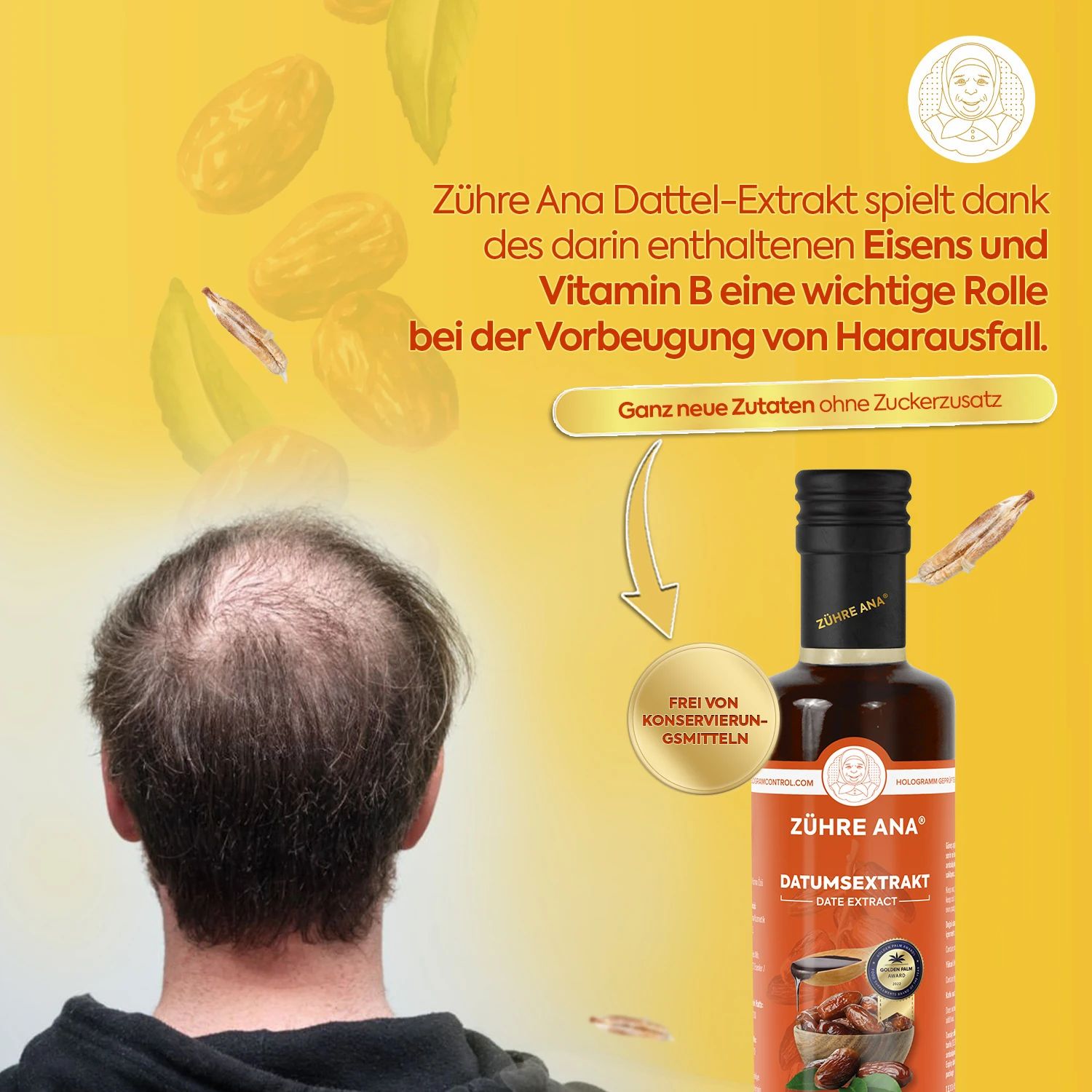 Bouteille d'extrait de datte Zühre Ana devant un fond avec un homme souffrant de perte de cheveux. Texte sur le fer, la vitamine B et la prévention de la perte de cheveux.