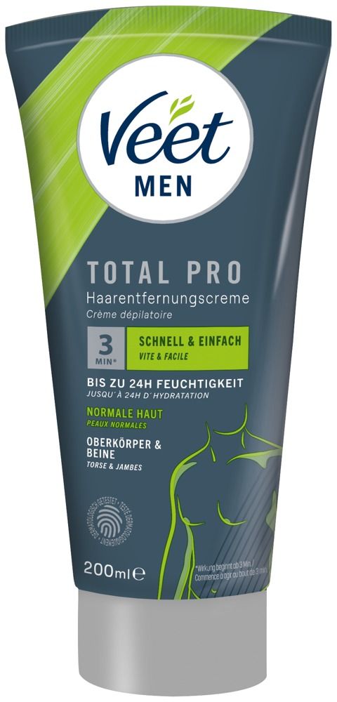 Veet Men Total Pro ontharingscrème tube, 200ml. Voor normale huid, bovenlichaam & benen.