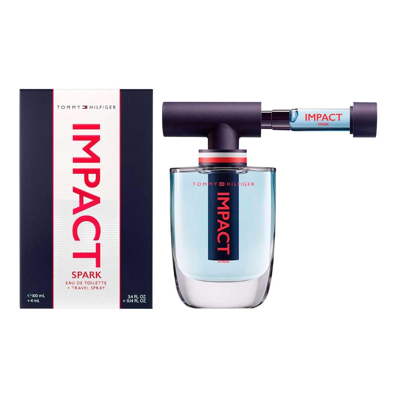 Tommy Hilfiger Impact Spark Eau de Toilette geschenkset met 100ml flacon en 4ml reisverstuiver.