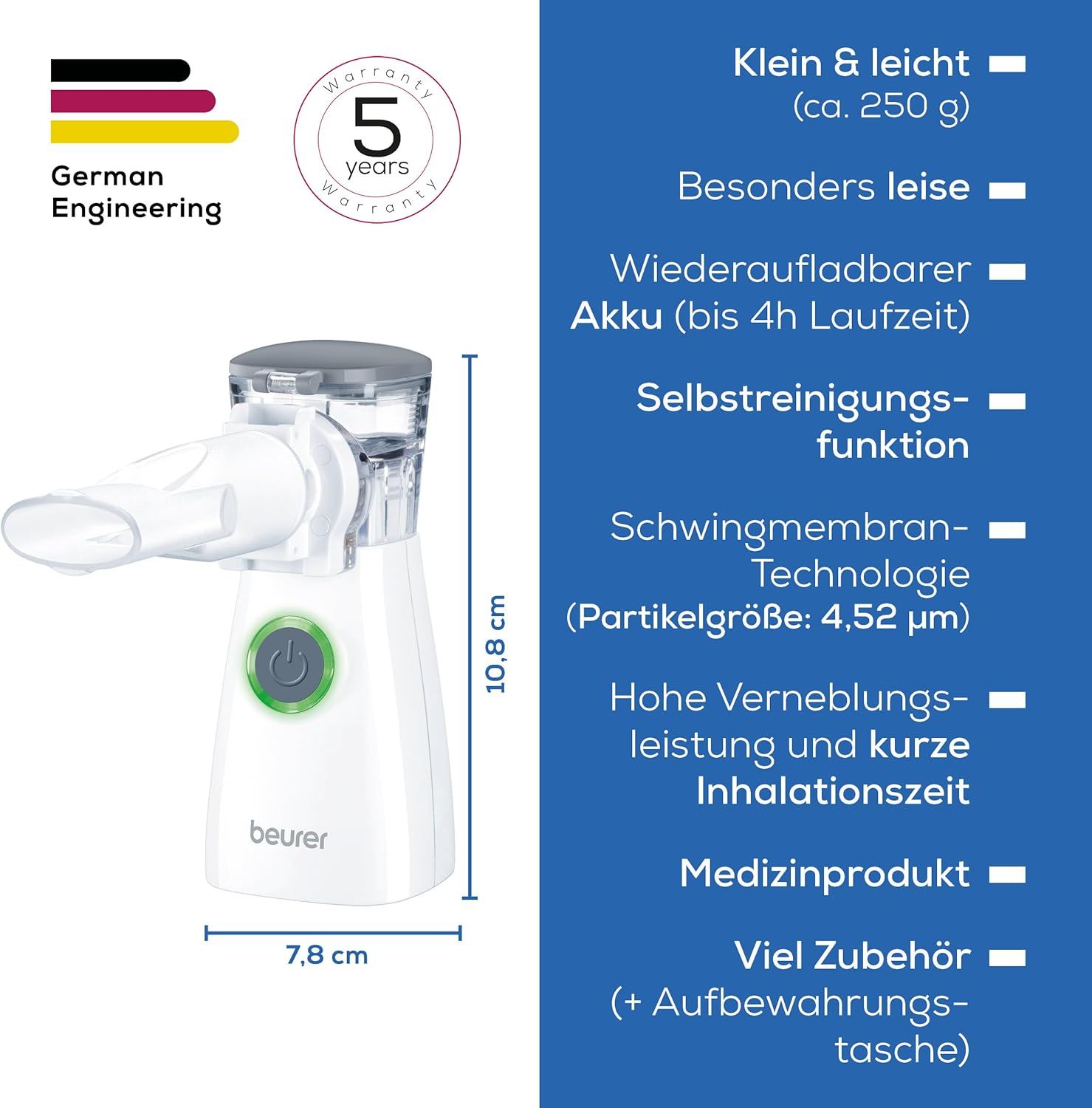 Inhalateur blanc, dimensions: 7,8 x 10,8 cm. Avec accessoires, dispositif médical. Texte: Beurer. German Engineering. 5 ans de garantie.