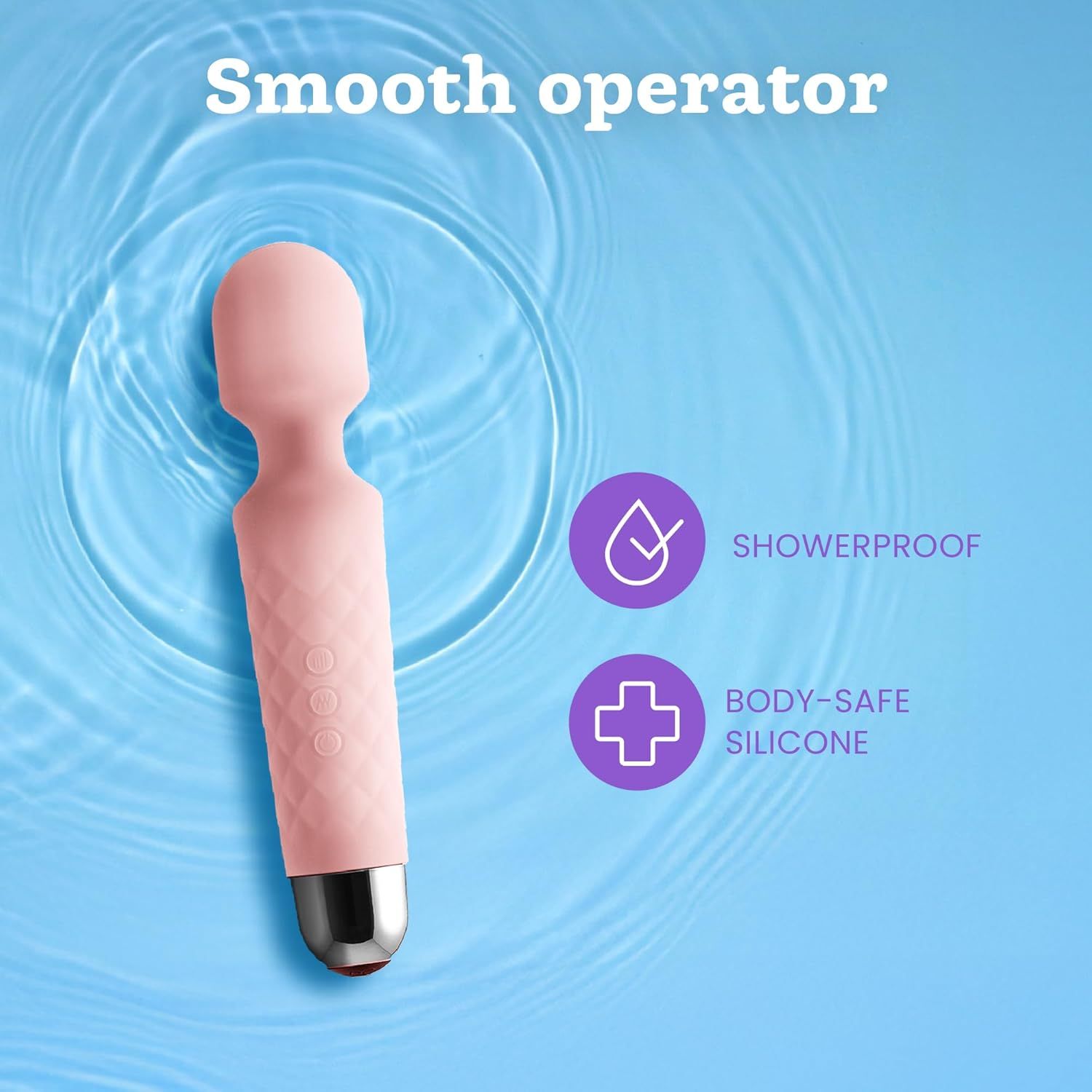 Pastelroze vibrator in water. Kenmerken: waterdicht, body-safe siliconen.