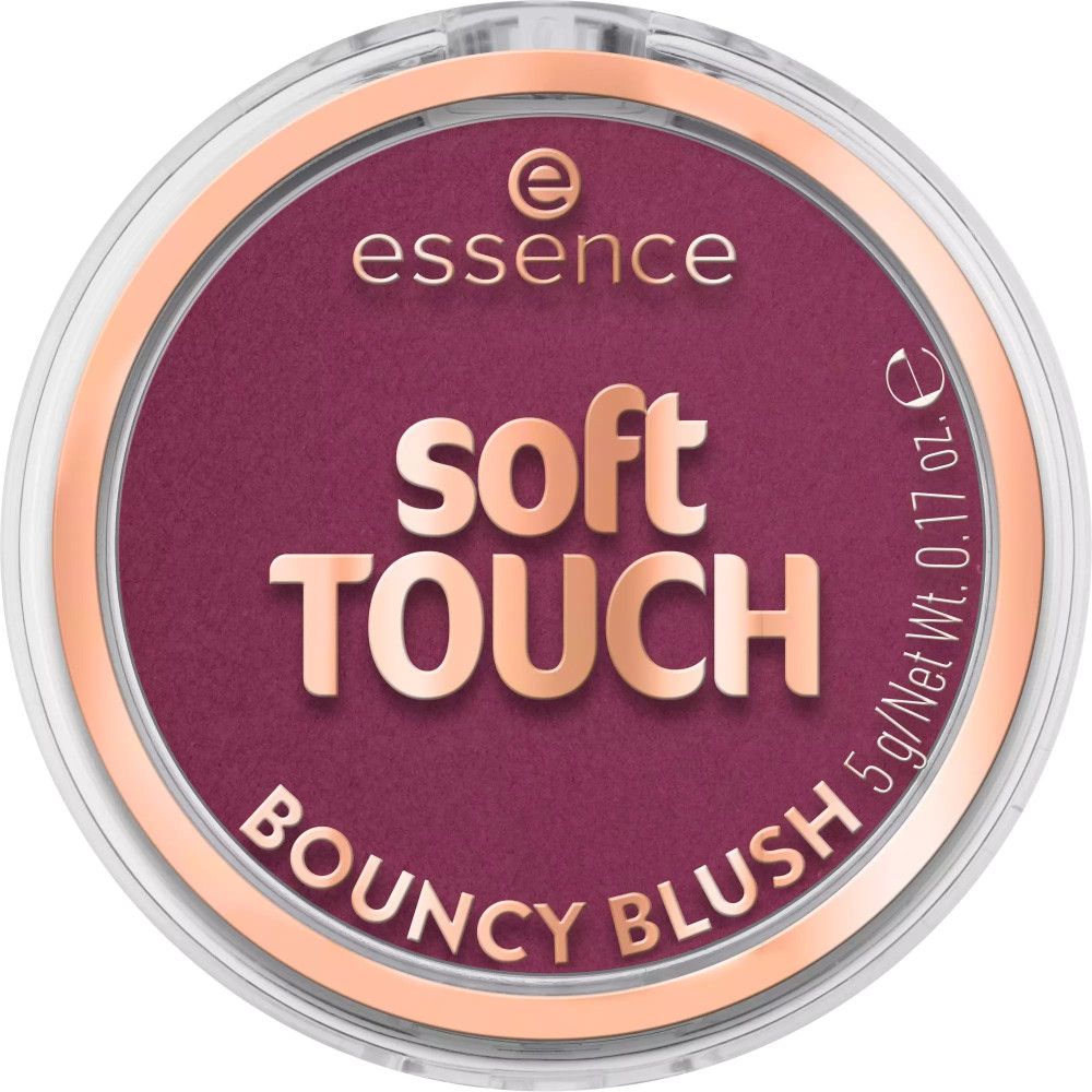 Boîtier de blush rond avec nom du produit et marque. Blush rose.