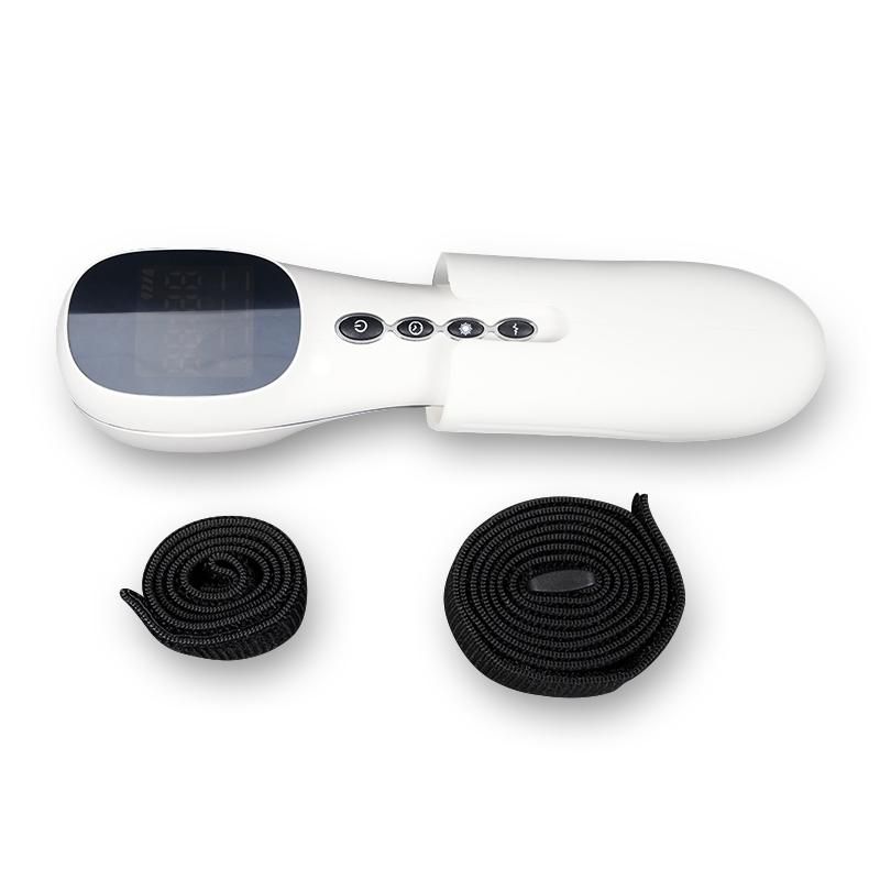Appareil de thérapie laser de faible intensité avec accessoires. Deux sangles noires. Appareil dans un étui blanc.