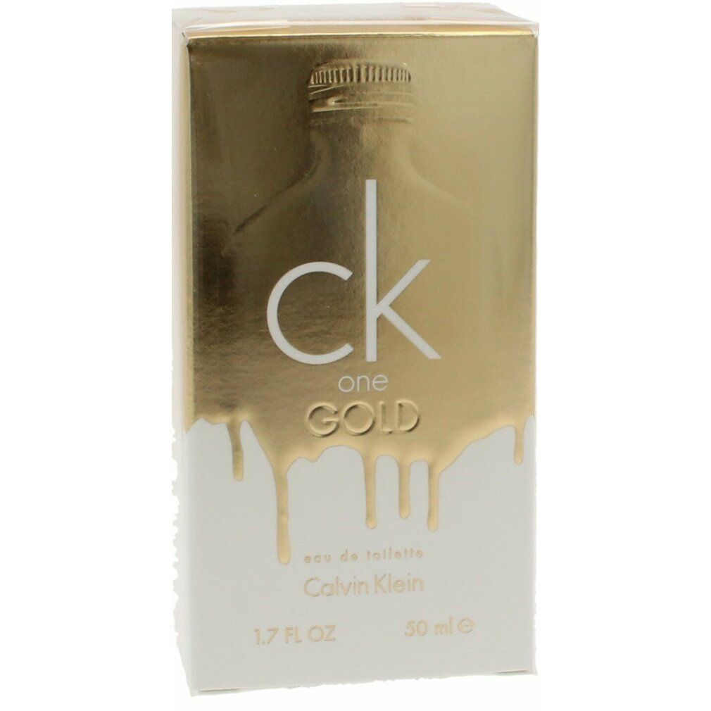 Emballage doré avec "ck one Gold". Flacon avec "ck one" et "Calvin Klein". 1.7 FL OZ et 50 ml.