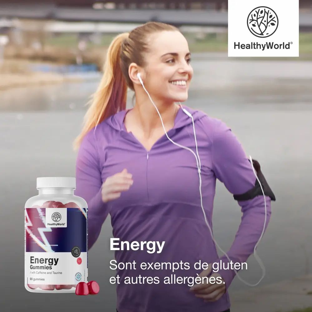 Coureuse avec écouteurs, bouteille de gommes énergétiques à côté. "Sans gluten ni allergènes".