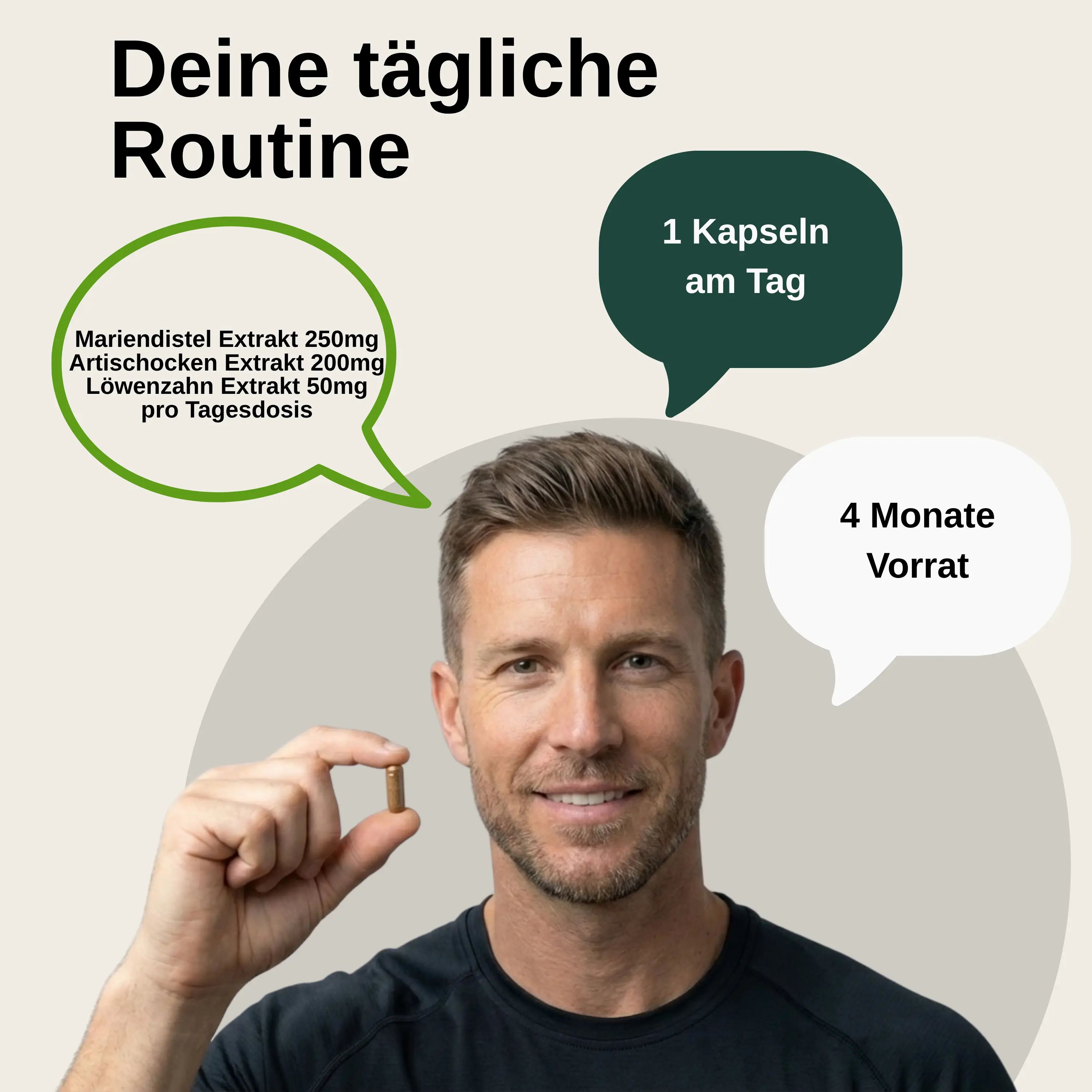 Homme tenant une capsule Vita Elements Chardon-Marie. Bulles : 1 capsule/jour, approvisionnement de 4 mois.