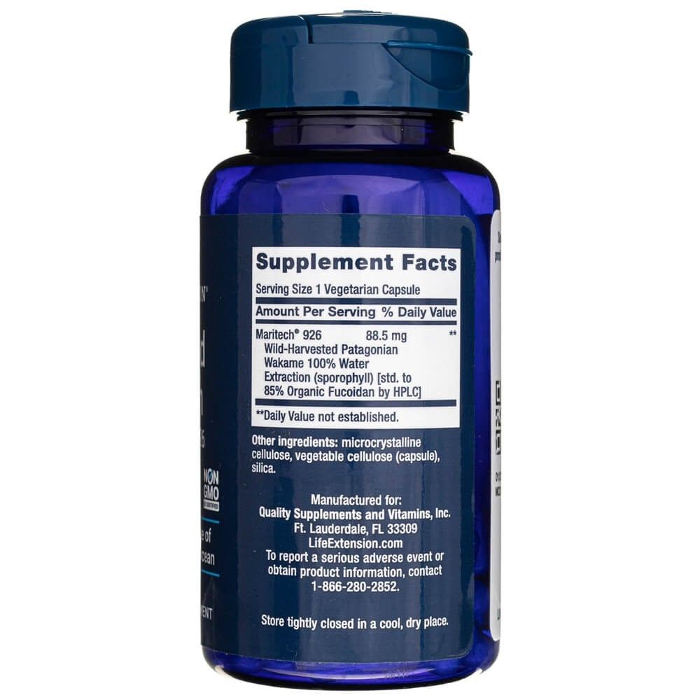 Arrière du flacon bleu Life Extension Optimized Fucoidan. Affiche les informations nutritionnelles et les ingrédients.
