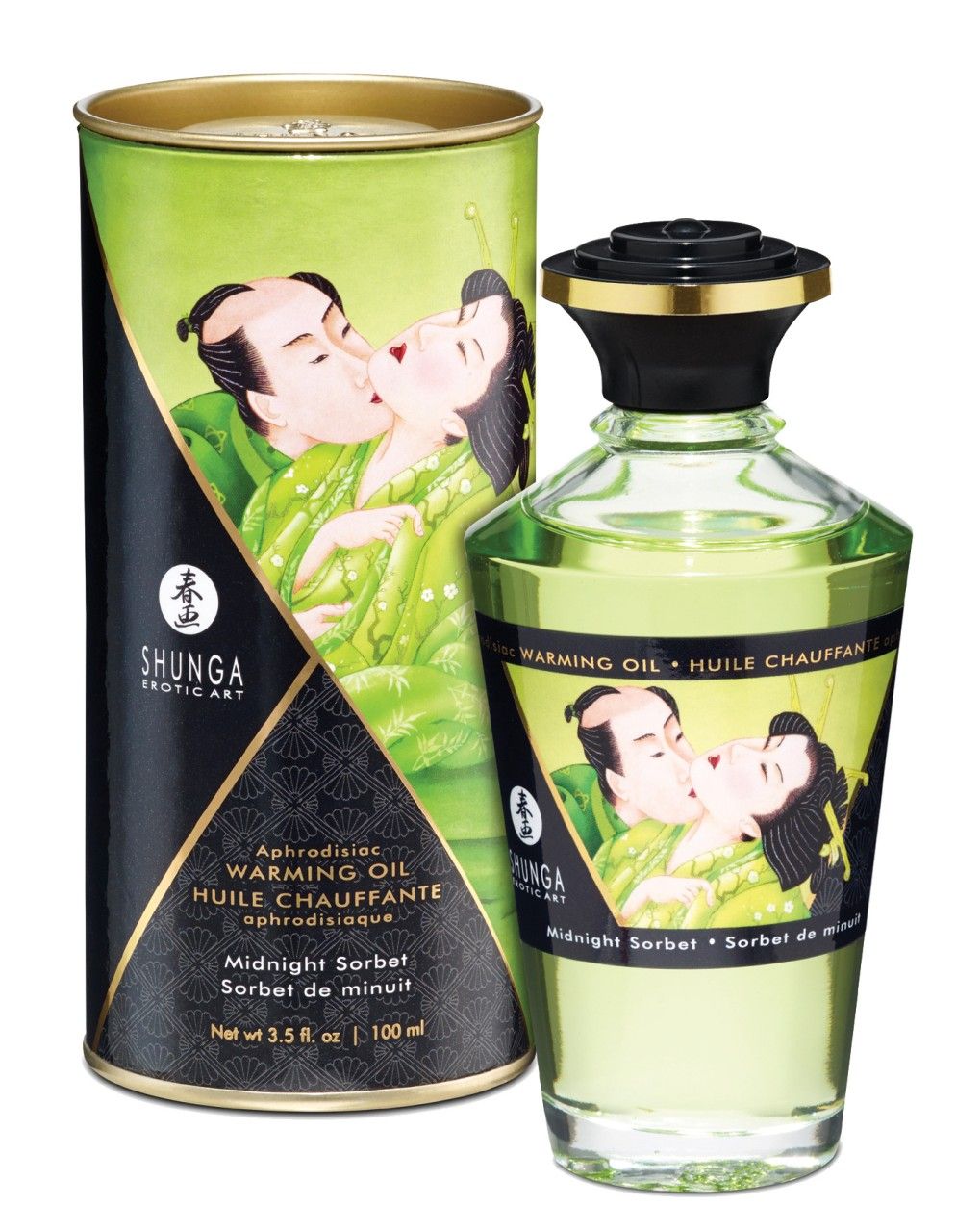 Fles en doos. Fles met groene olie. Doos met illustratie en tekst: Aphrodisiac Warming Oil. Midnight Sorbet.