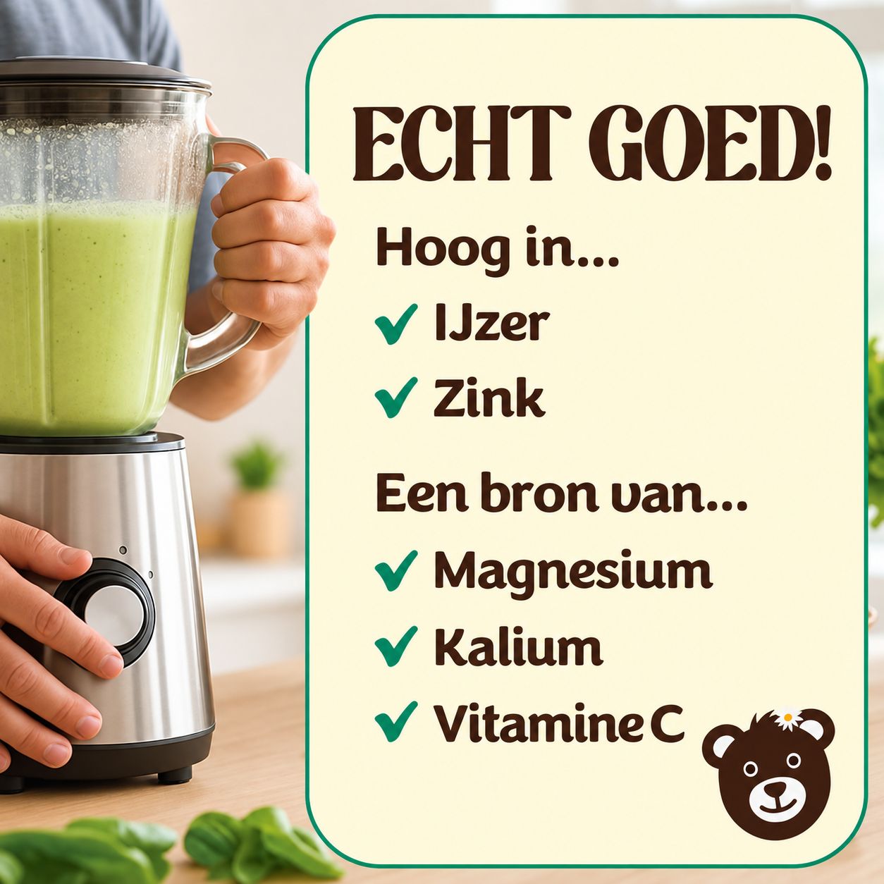 Tekst: 'Niet gearomatiseerd!'. Bestaat uit plantaardige eiwitten, heeft een 'plantaardige vibe'. Berenkop logo.