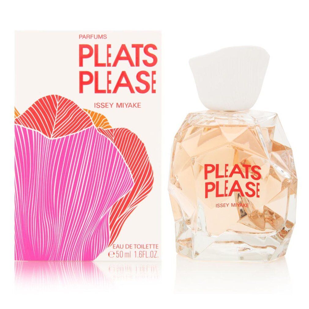Flacon de parfum et emballage. Inscription : Pleats Please Issey Miyake. Emballage avec motif rose.