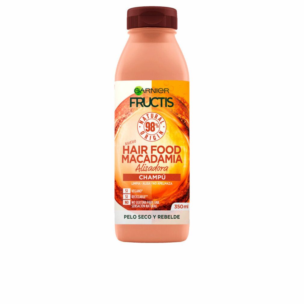 Bouteille de shampooing Garnier Fructis Hair Food, rose, avec bouchon marron. Étiquette avec nom du produit et indication 350ml.