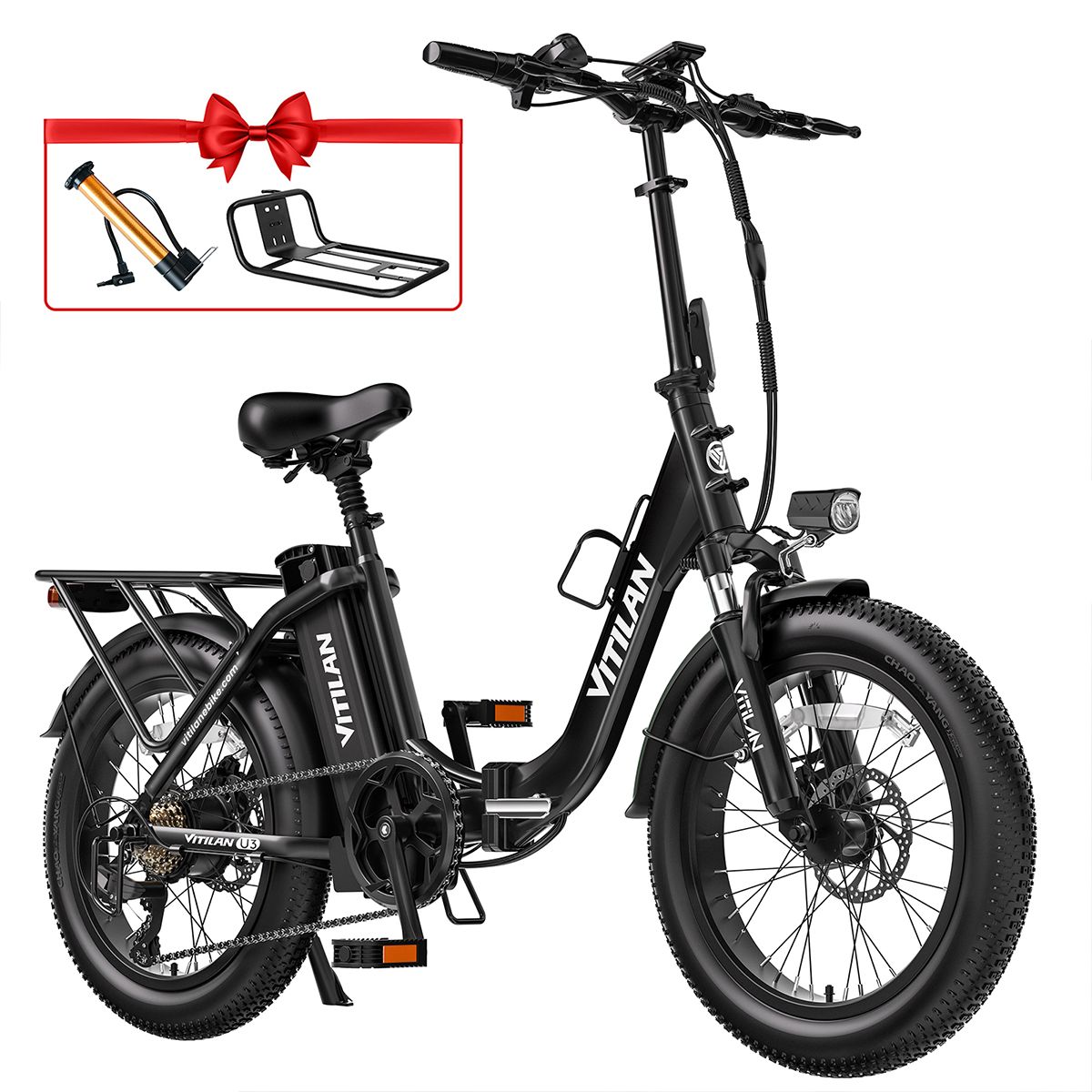 Vélo électrique noir avec accessoires: pompe, porte-bagages. Marque VITILAN.