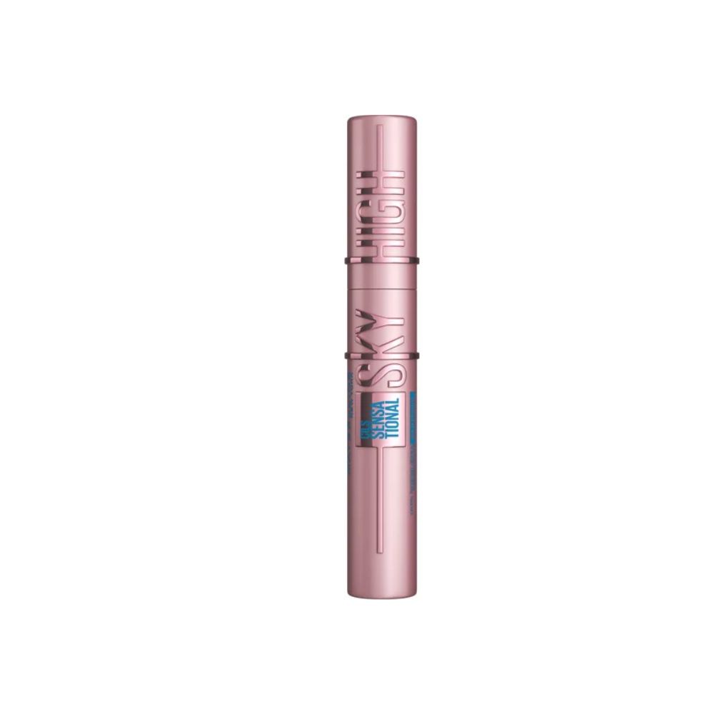Tube de mascara rose avec l'inscription "SKY HIGH" et "SENSATIONAL".