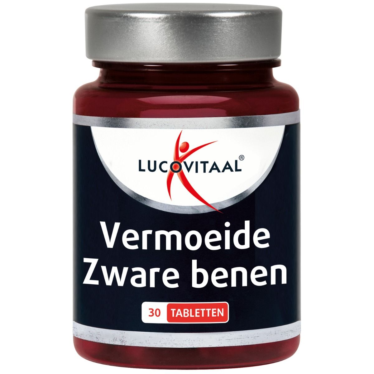 Bruine tablettenfles met zilveren dop. Bevat Lucovitaal Magnesium voor vermoeide, zware benen. Zwart etiket met witte tekst.