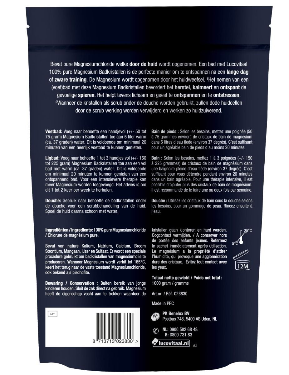 Dos du sachet de cristaux de bain au magnésium. Texte en néerlandais, avec instructions et ingrédients.