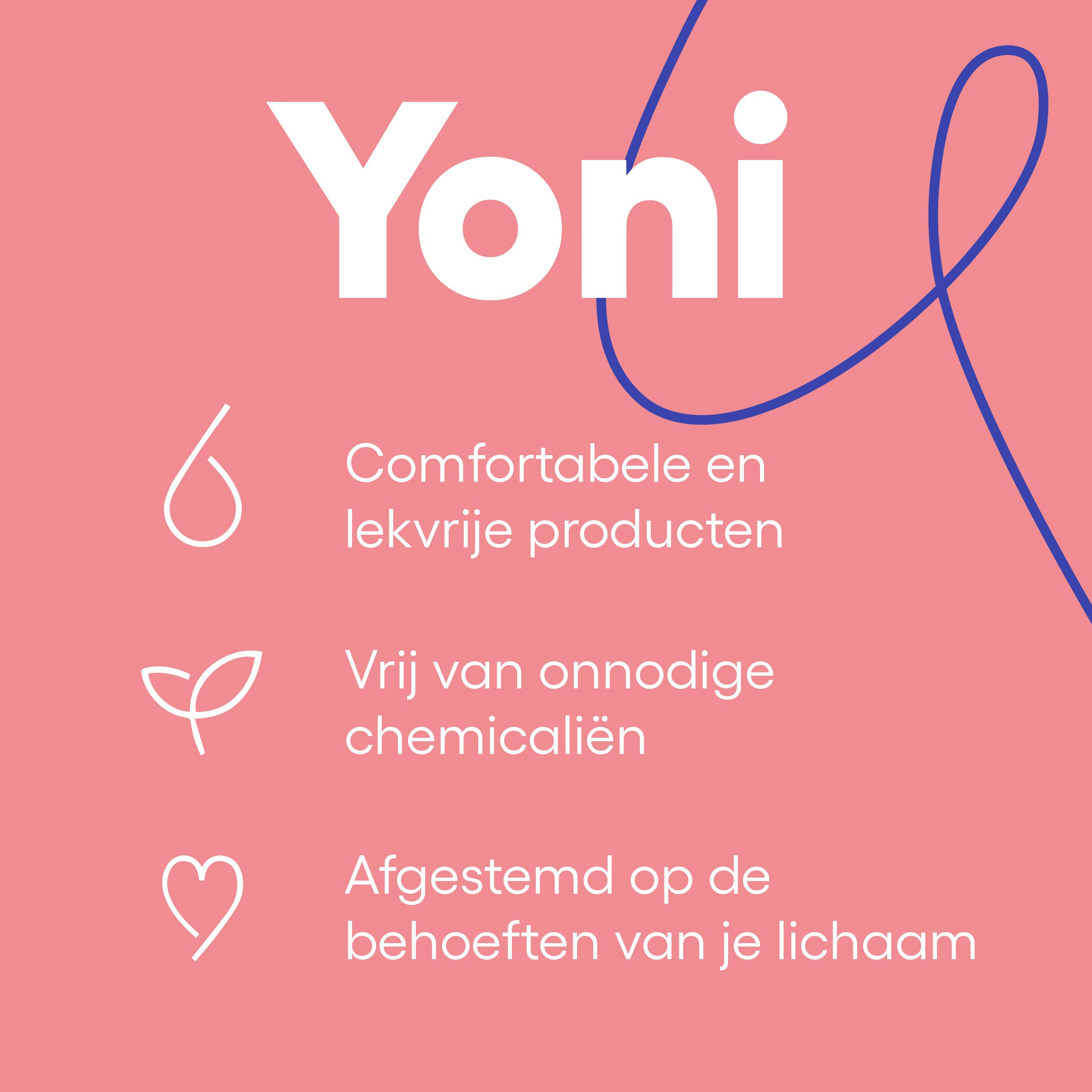 Tekst met de voordelen van de tampons. Tekst: Comfortabele en lekvrije producten. Vrij van onnodige chemicaliën.