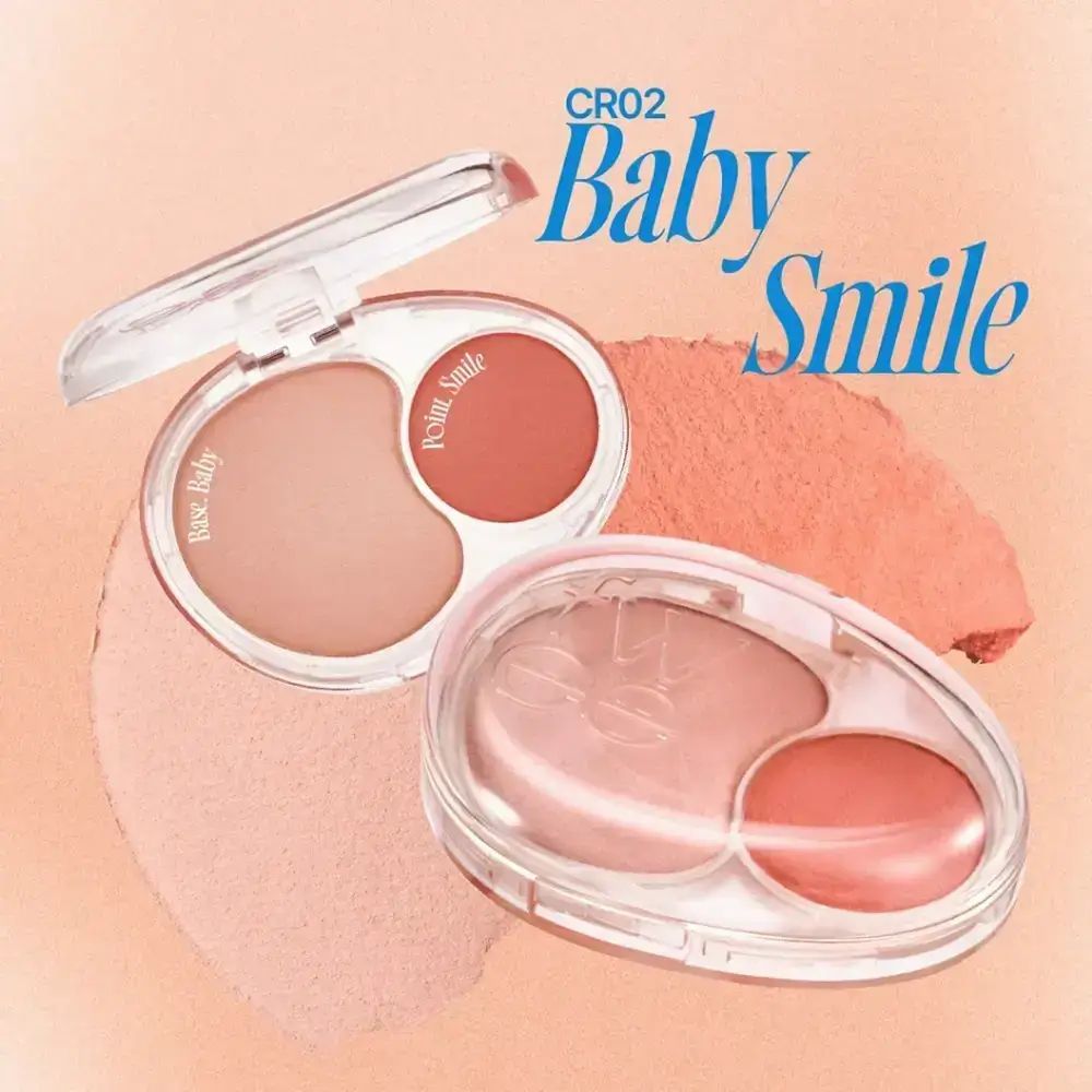 Twee FWEE Mellow Dual Blusher CR02 Baby Smile blush verpakkingen. Tekst met productnaam en kleurcode.