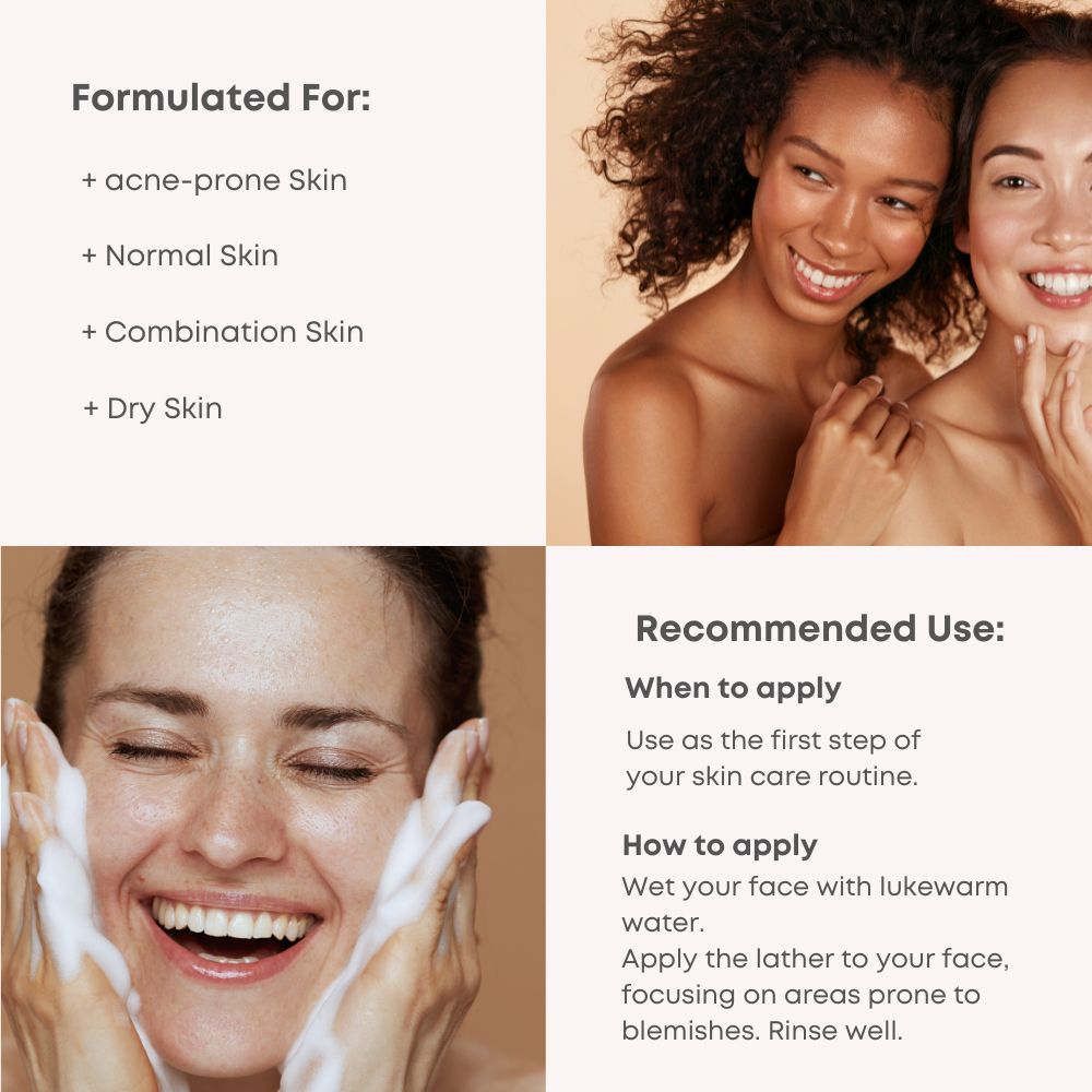 Twee vrouwen lachen. Tekst: Geformuleerd voor: acnegevoelige huid, normale huid, gemengde huid, droge huid. Aanbevolen gebruik.