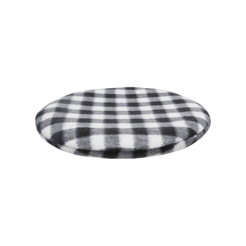Plaquette chauffante pour micro-ondes ronde, motif à carreaux noir et blanc.