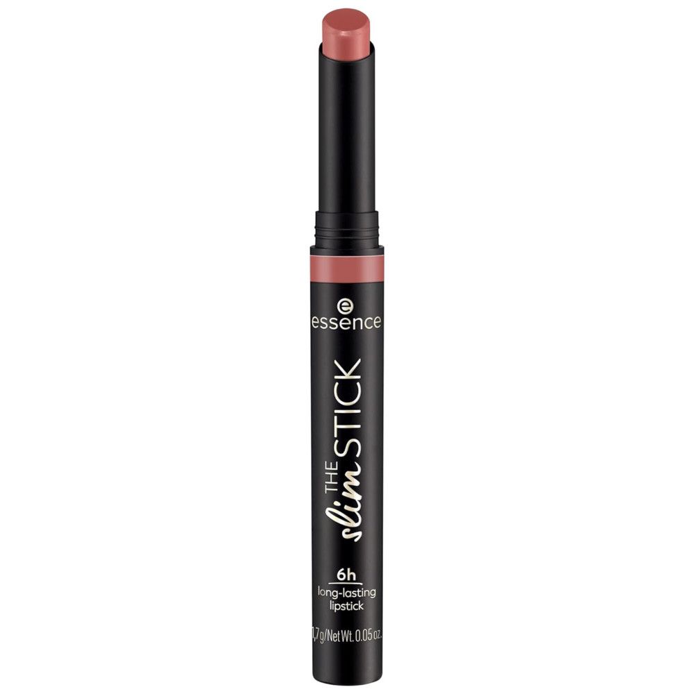 Rouge à lèvres Essence The Slim Stick. Étui noir, pointe rose. Nom du produit et logo imprimés. 6h longue tenue.