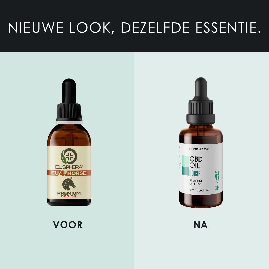 Voor-na vergelijking. CBD Oil Horse flessen. Nieuwe look, dezelfde essentie.