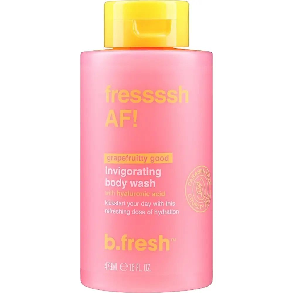 Roze douchegelfles met gele dop. Opschrift: b.fresh Fressssh AF! en andere productinformatie.