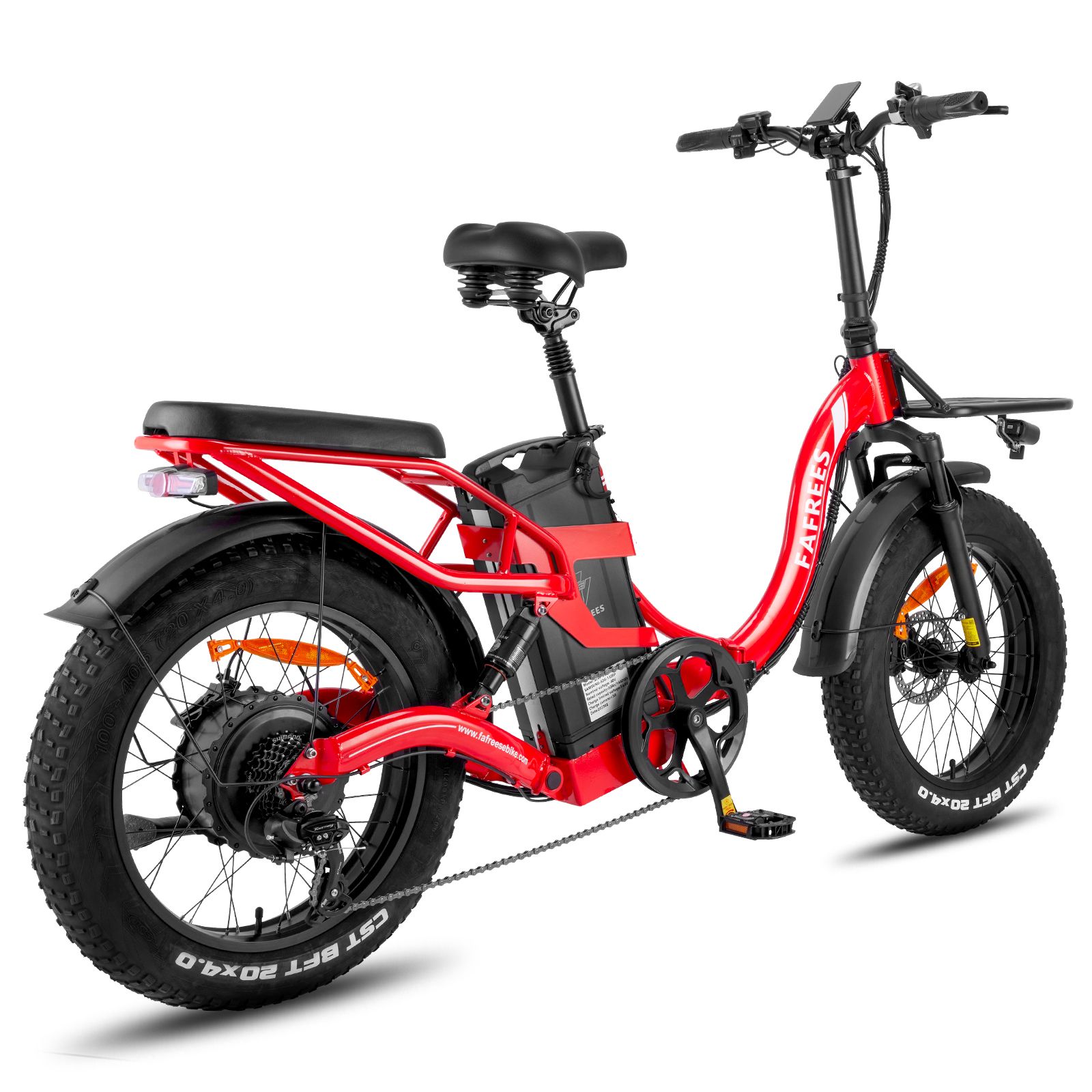 Vélo électrique rouge Fafrees F20 X-Max. Pneus noirs, porte-bagages, garde-boue. Batterie sur cadre. Guidon avec écran.