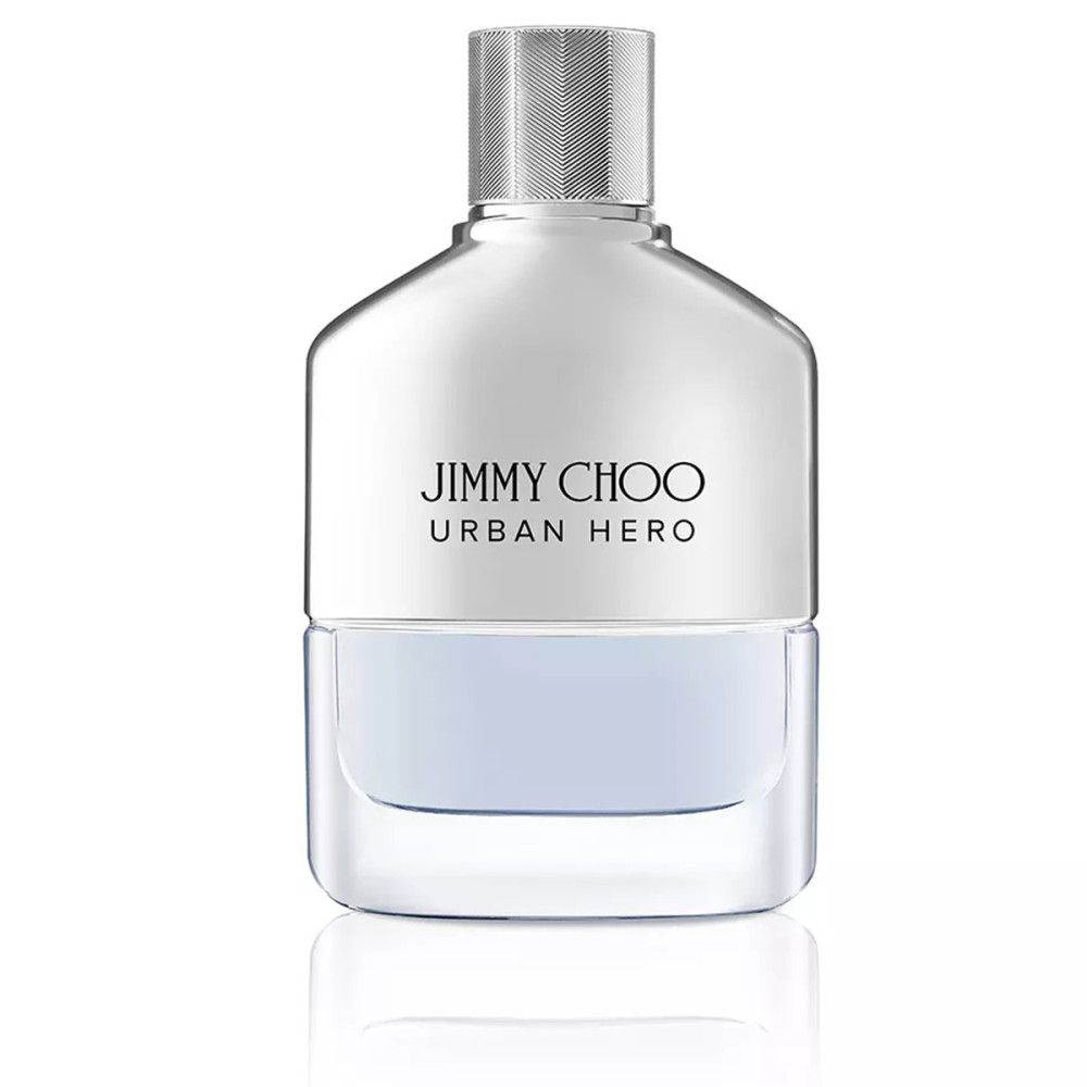 Parfumfles met zilveren dop, witte body en blauwe bodem. Opschrift: JIMMY CHOO URBAN HERO.