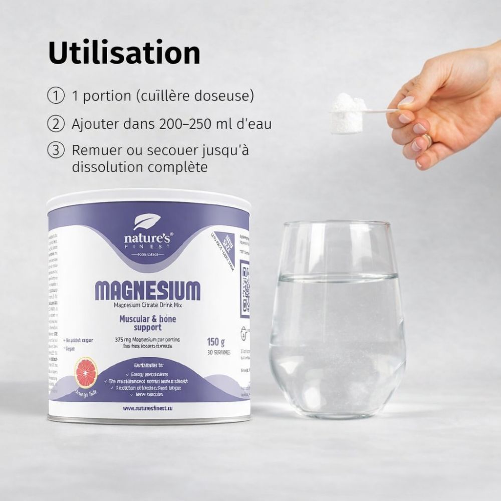 Boîte de magnésium, verre d'eau, cuillère doseuse. Texte: Utilisation: 1 portion, 30 portions par paquet, utilisation immédiate.