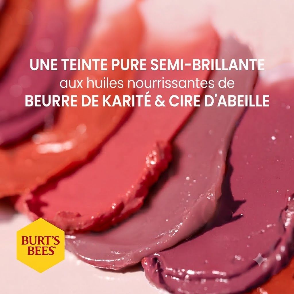Plusieurs échantillons de rouge à lèvres dans des tons rouges, roses et baies. Logo Burt's Bees en bas à gauche.